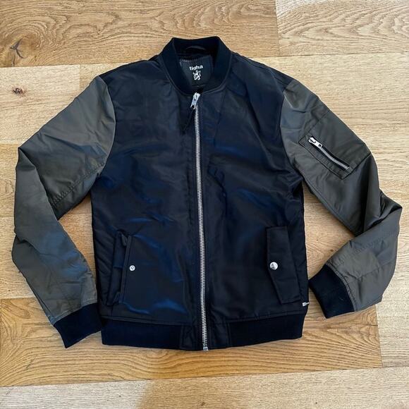 Tigha Zip Front Bomber Jacket in Black & Green - Picture 1 of 5
